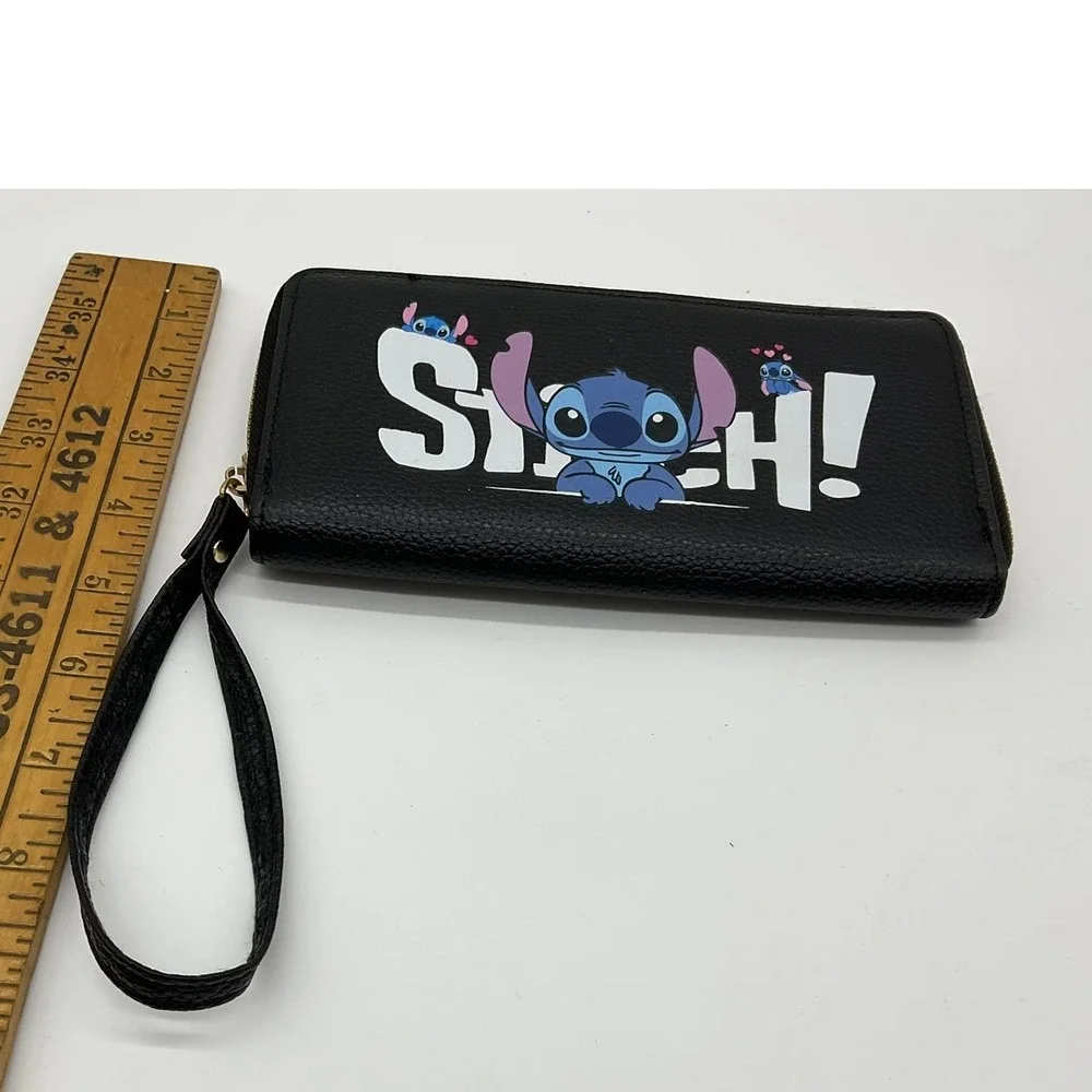 Disney Stitch Zip Around Wristlet Wallet Women Black Pink Faux Leather Travel